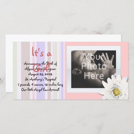 ピンクデイジーカスタムフォトカードベビーのお知らせ 案内状 (正面/裏面)