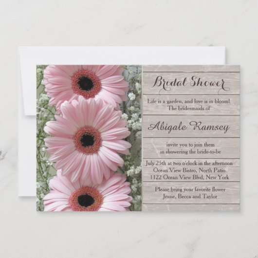 ピンクデイジーガーベラオンウッドブライダルシャワー 招待状 (正面)