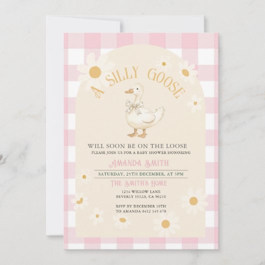 ピンクデイジーガールグースベイビーシャワー 招待状 (正面)