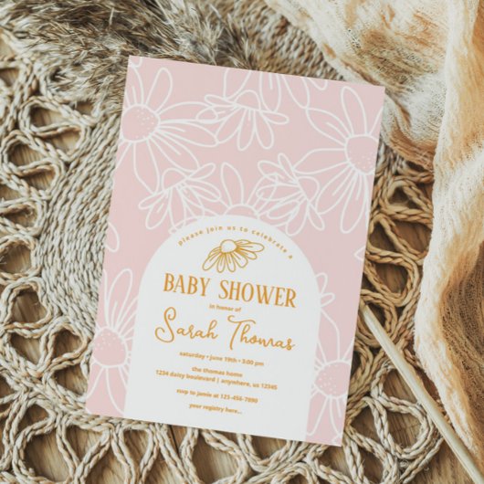 ピンクデイジーガールベビーシャワー 招待状