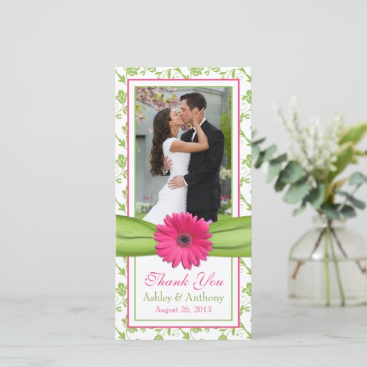 ピンクデイジーグリーンフローラ結婚リボンありがとう サンキューカード (スタンド正面)