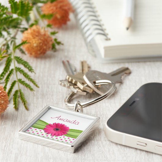 ピンクデイジーグリーン水玉模様名前をカスタムするキーチェーン キーホルダー (側面)