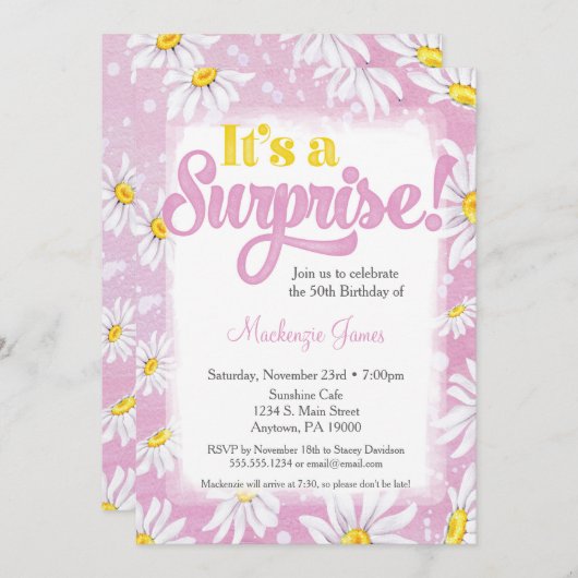 ピンクデイジーサプライズパーティの招待状レディースフローラ 招待状 (正面/裏面)