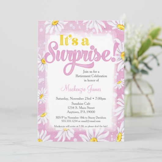 ピンクデイジーサプライズ退職パーティの招待状 招待状 (スタンド正面)