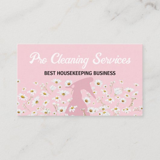 ピンクデイジースプレーボトル清掃サービスガーデニング 名刺 (裏面)