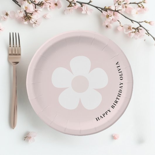 ピンクデイジーハッピーバースデー ペーパープレート