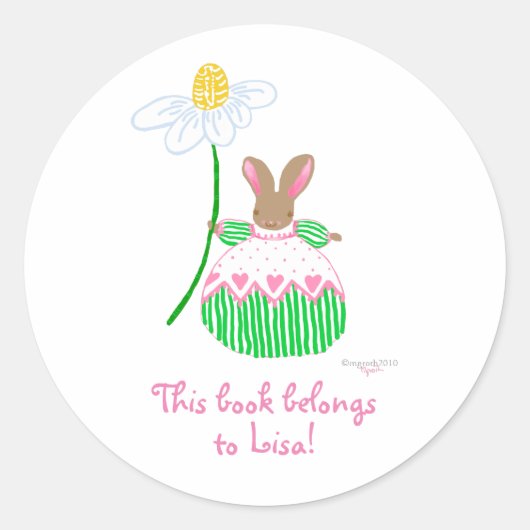 ピンクデイジーバニー蔵書票 ラウンドシール (正面)