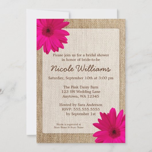 ピンクデイジーバ素朴ーラップブライダルシャワー 招待状 (正面)