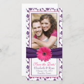 ピンクデイジーパープルフローラ結婚リボン救の日付 セーブザデート (正面/裏面)