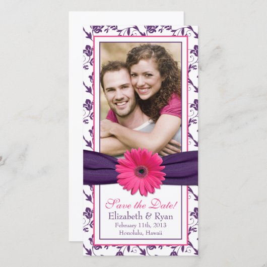 ピンクデイジーパープルフローラ結婚リボン救の日付 セーブザデート (正面/裏面)