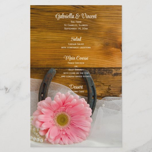ピンクデイジーパールスホースシューカントリーウェディングメニュー (正面)