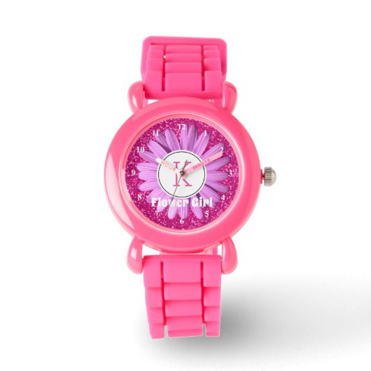 ピンクデイジーフラワーガールグリッター パーソナライズされた 腕時計 (正面)