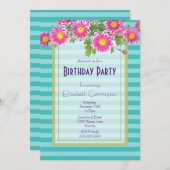 ピンクデイジーフラワーズオンターコイズストライプ誕生日 招待状 (正面/裏面)