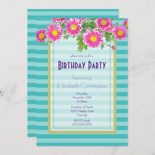 ピンクデイジーフラワーズオンターコイズストライプ誕生日 招待状 (正面/裏面)