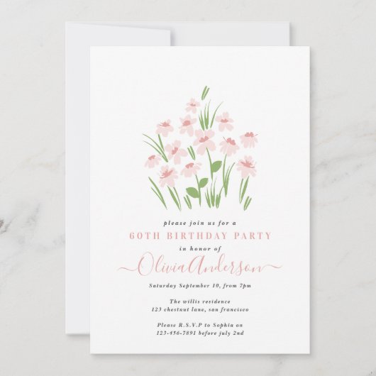 ピンクデイジーフローラエレガント美しい60誕生日 招待状 (正面)