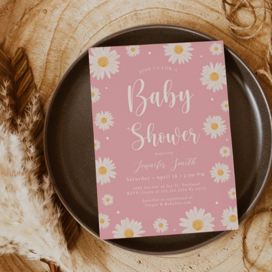 ピンクデイジーフローラガールベビーシャワー招待状 招待状