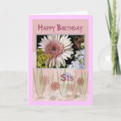 ピンクデイジーフローラブーケ、シスター、誕生日 カード (正面)
