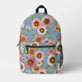ピンクデイジーフローラボタニカルアートオンブルー プリントバックパック (正面)