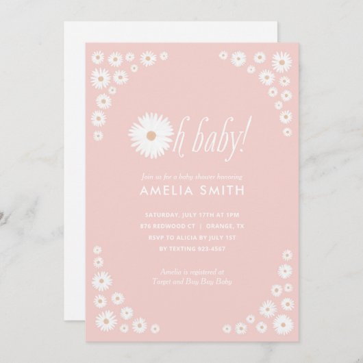 ピンクデイジーフローラボホベイビーシャワー招待状 招待状 (正面/裏面)