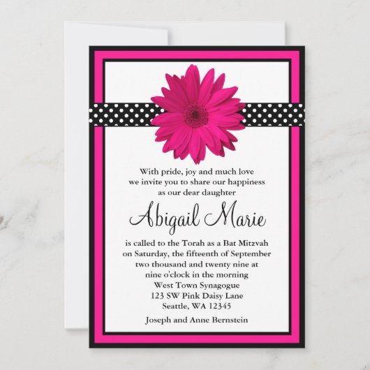 ピンクデイジーブラック水玉模様バルミツワー 招待状 (正面)