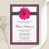 ピンクデイジーブラック水玉模様ブライダルシャワー 招待状