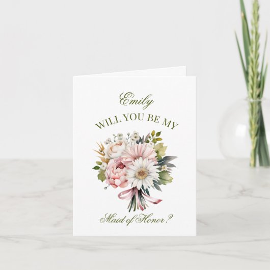 ピンクデイジーブーケメイド・オブ・オーナー（花嫁付き添い人）提案 招待状 (正面)