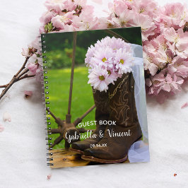 ピンクデイジーブーツウェスタン結婚ズゲストブック ノートブック