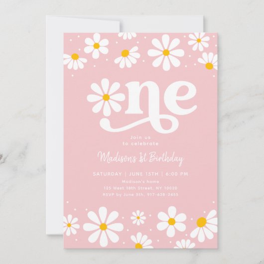 ピンクデイジーボホファースト誕生日 招待状 (正面)