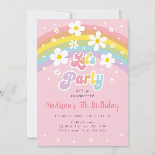ピンクデイジーレインボーグルーヴィ誕生日 招待状 (正面)