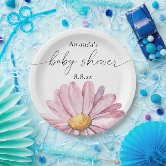 ピンクデイジーワイルドフラワー – ベビーシャワー ペーパープレート (パーティー)