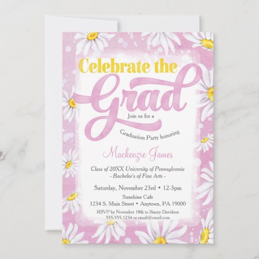 ピンクデイジー卒業パーティー招待状かわいいフローラ 招待状 (正面)