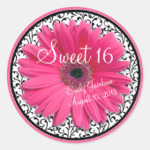 ピンクデイジー白黒フローラスウィート16誕生日 ラウンドシール (正面)