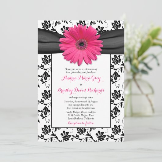 ピンクデイジー白黒フローラ結婚式招待状 招待状 (スタンド正面)