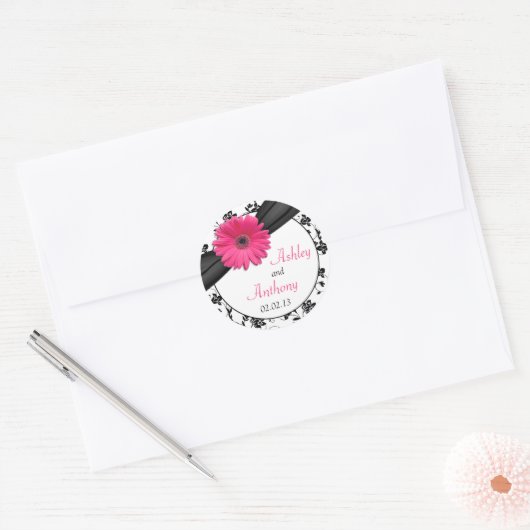 ピンクデイジー白黒フローラ結婚式用シール ラウンドシール (封筒)