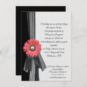 ピンクデイジー白黒水玉模様誕生日 招待状 (正面/裏面)