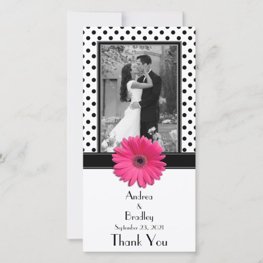 ピンクデイジー白黒結婚水玉模様フォトカード サンキューカード (正面)