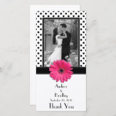 ピンクデイジー白黒結婚水玉模様フォトカード サンキューカード (正面/裏面)