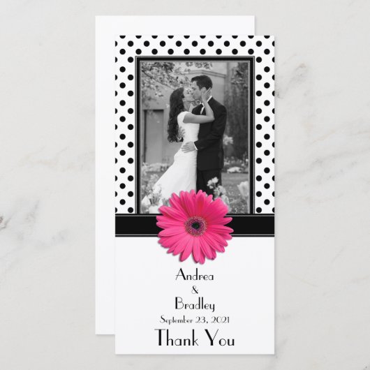 ピンクデイジー白黒結婚水玉模様フォトカード サンキューカード (正面/裏面)