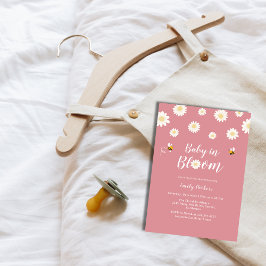 ピンクデイジー花ベビーイン開花ガールシャワー 招待状