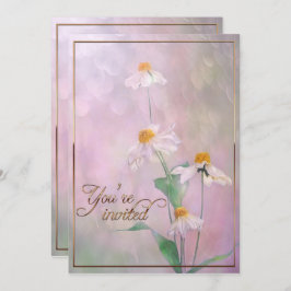 ピンクデイジー花/金ゴールドトリム 招待状