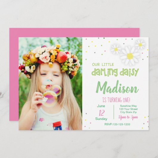 ピンクデイジー誕生日招待状（写真付き） 招待状 (正面/裏面)