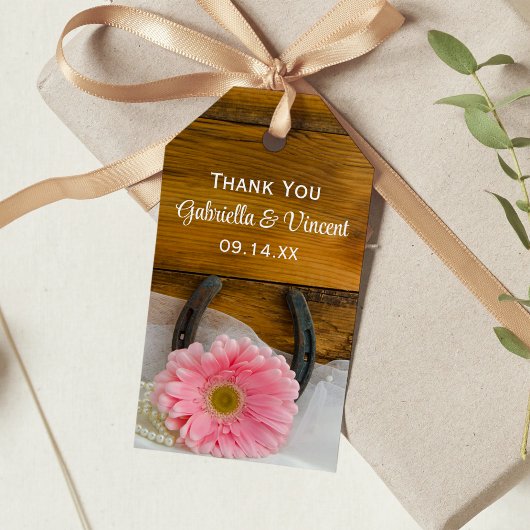 ピンクデイジー馬蹄西結婚式の引き出物ラベル ギフトタグ