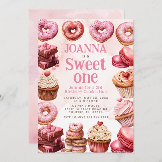 ピンクデザート甘いワンお祝いファースト誕生日 招待状 (正面/裏面)