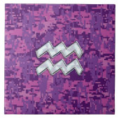 ピンクデジタルカモフラージュのアクエリアス〔占星術の〕十二宮図シンボル タイル (正面)