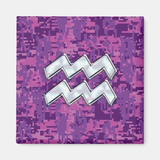 ピンクデジタルカモフラージュのアクエリアス〔占星術の〕十二宮図シンボル マグネット (正面)