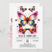 ピンクデジタルバタフライガール誕生日 招待状 (正面/裏面)