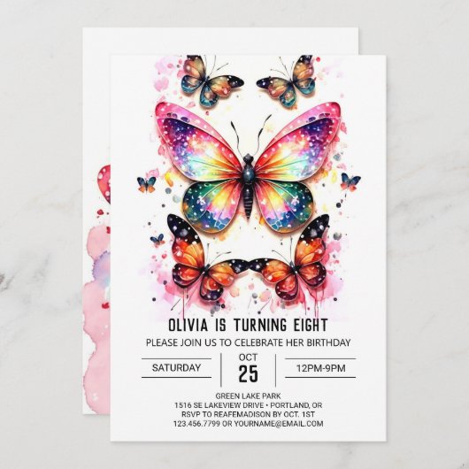 ピンクデジタルバタフライガール誕生日 招待状 (正面/裏面)