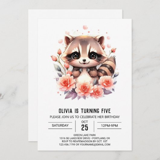 ピンクデジタルラクーンガール誕生日 招待状 (正面/裏面)