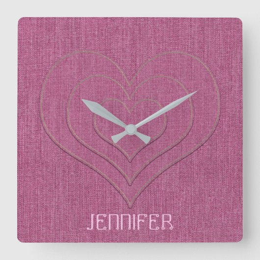 ピンクデニムジーンズファブリック3ハートパーソナライズされた名 スクエア壁時計 (正面)