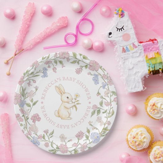 ピンクデリケートヴィンテージフローラバニーベビーシャワー ペーパープレート (パーティー)